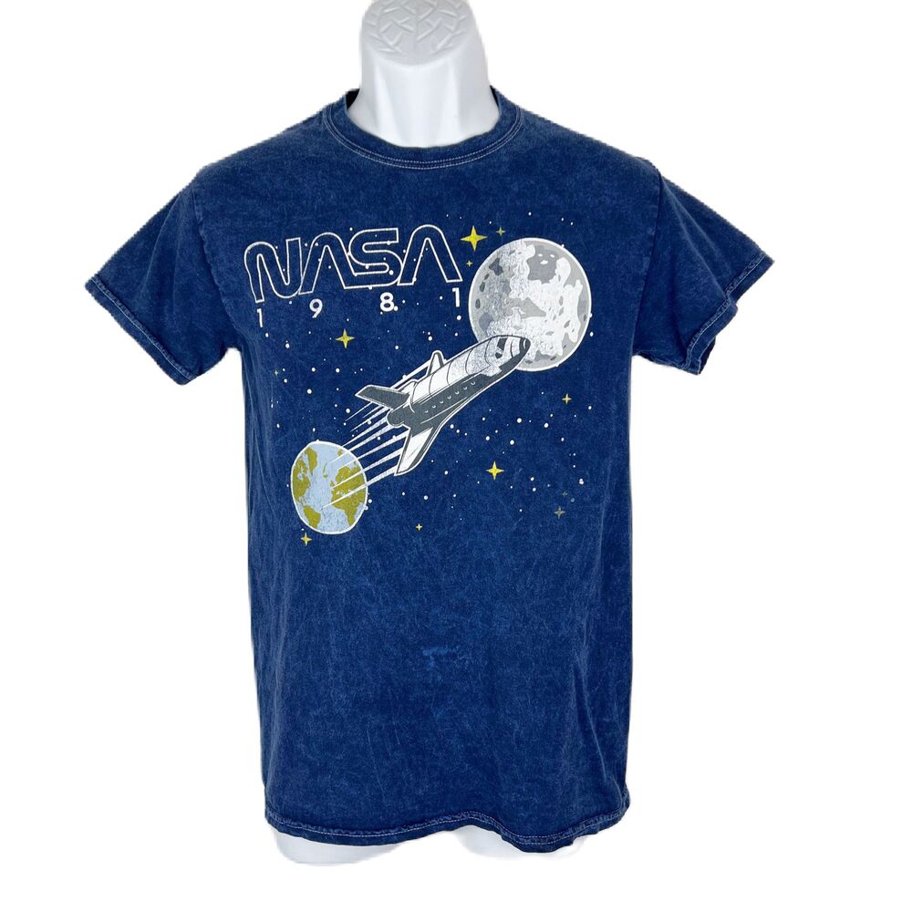 NASA Shirt Men Small Blue Short Sleeve Rocket Moon Earth Graphic Tee